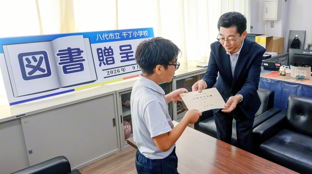 中山熊本総県長㊨から児童代表に目録が手渡された（熊本・八代市の千丁小学校で）