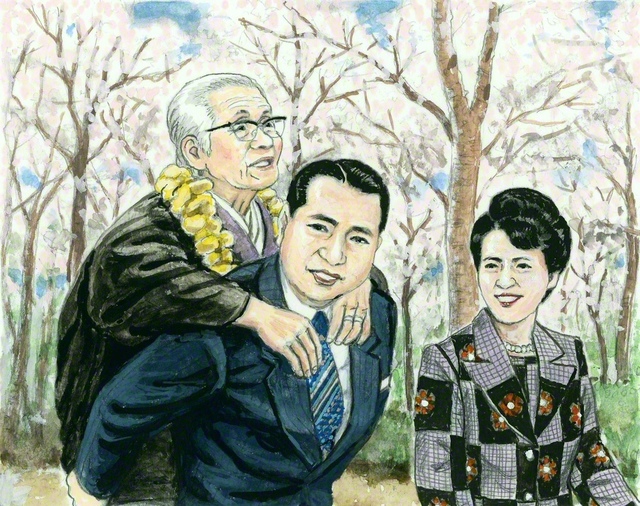 母・幸を背負う山本伸一と、2人を見守る峯子（小説『新・人間革命』の挿絵から。内田健一郎画）