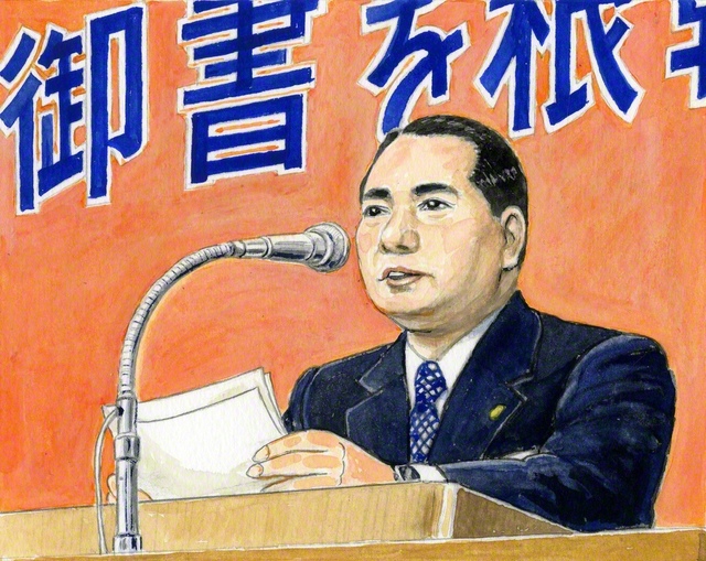 1977年1月、関西戸田記念講堂に全国の同志が集って行われた教学部大会で講演する山本伸一（内田健一郎画）