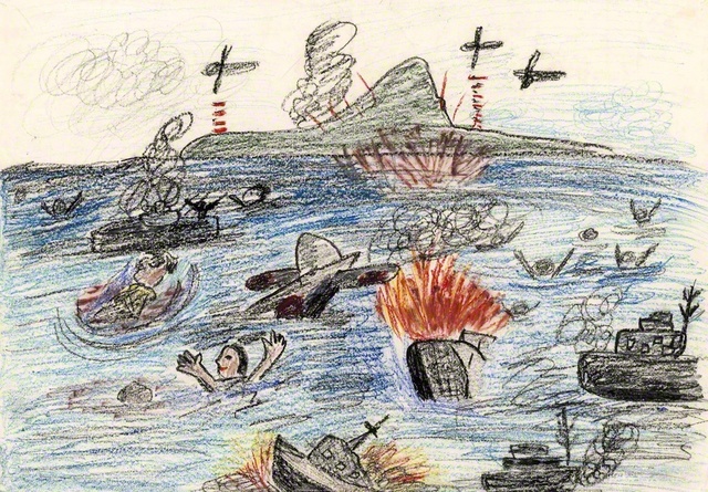 【本部港沖】本部港沖に米軍が軍艦を集めた。突っ込んだ特攻隊は打ち落とされてしまう。夜のうちに出ようとした民間の船も撃沈され、死傷者が海に浮いていた