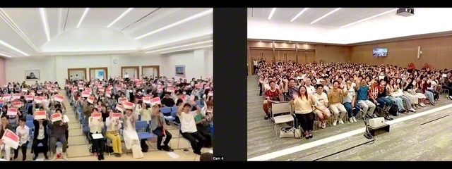 各会場のうち、中大阪総県とシンガポールの集いのスクリーンショットから。中澤雄一さんと沖美幸さんが決意を語り、皆で学会歌「誓いの青年よ」を歌った。右側がシンガポールの会場の模様