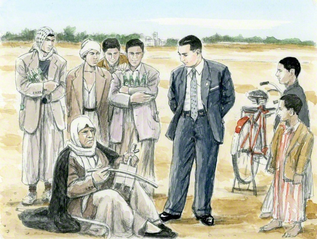 「ホスローのアーチ」の近くでイラクの青年と老楽士の演奏を聞く山本伸一（内田健一郎画）