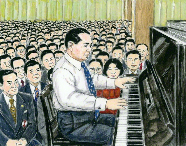 励ましの行動を貫く山本伸一。1977年3月、福島文化会館（当時）の開館記念勤行会でピアノを奏でる（内田健一郎画）