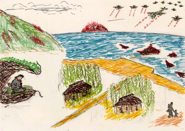 【久米島町（旧仲里村）】　空襲は、爆弾の雨のようでした。山の上からは、慶良間諸島が真っ赤に燃え上がるのが見え、沖縄本島への攻撃は、とても近くに感じました