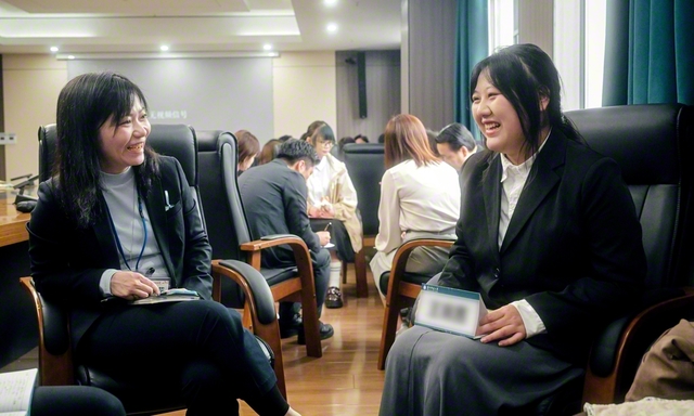 華中師範大学の学生と交流する糸数さん㊧（10月30日、武漢市内で）