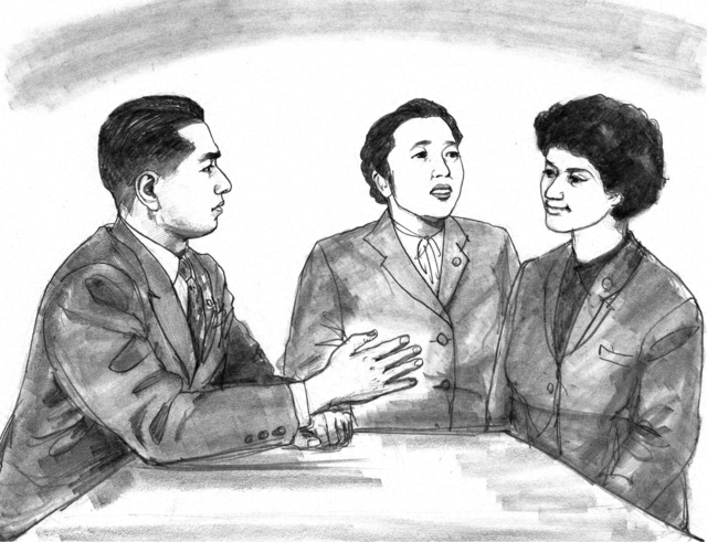 水戸支部の結成大会の後、ブラジルへ移住する婦人を激励する山本伸一（小説『新・人間革命』の挿絵から。内田健一郎画）