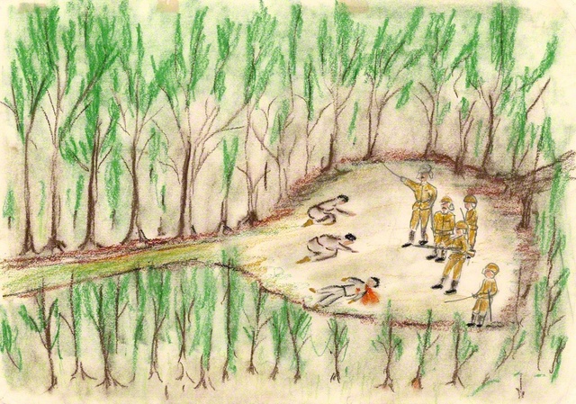 【国頭村与那覇岳】アメリカ軍の収容所から逃げてきた4人にスパイ容疑がかけられ、2人の男性が日本兵に首を切られてしまいました。アメリカ軍だけでなく、むしろ住民を守るべき日本兵のほうが恐ろしかったです