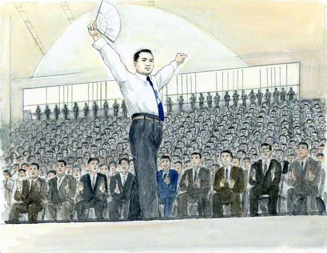 東京体育館で行われた本部幹部会で学会歌の指揮を執る山本伸一（内田健一郎画）