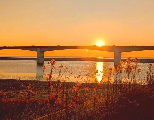 高知市と土佐市を結ぶ仁淀川河口大橋の向こうに、初日の出が。天地を黄金に染める太陽のように、人間革命の光を放とう（森本直美通信員撮影）