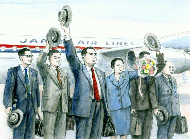 初の海外指導へ出発する山本伸一会長一行（小説『新・人間革命』の挿絵から。内田健一郎画）