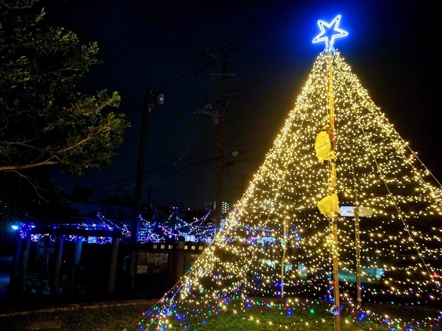 先月、南風原町の「ナカヌカー公園」がイルミネーションで彩られ、道行く人を楽しませていました。年末年始は、家族や友人で外出を楽しんだ方も多かったことと思います。私自身も英気を養いつつ、決意新たに新年を出発しました。信心根本に心を輝かせ、充実の一年にしていきます。（撮影＝大城光枝通信員）
