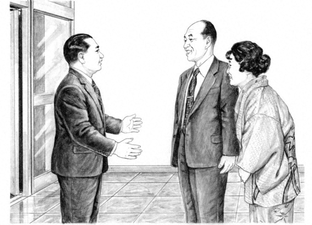 栃木県体育館（当時）で尋常小学校時代の恩師・檜山浩平夫妻とあいさつする山本伸一（内田健一郎画）