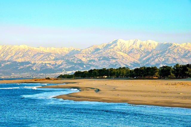 【白砂青松と雄大な立山連峰】