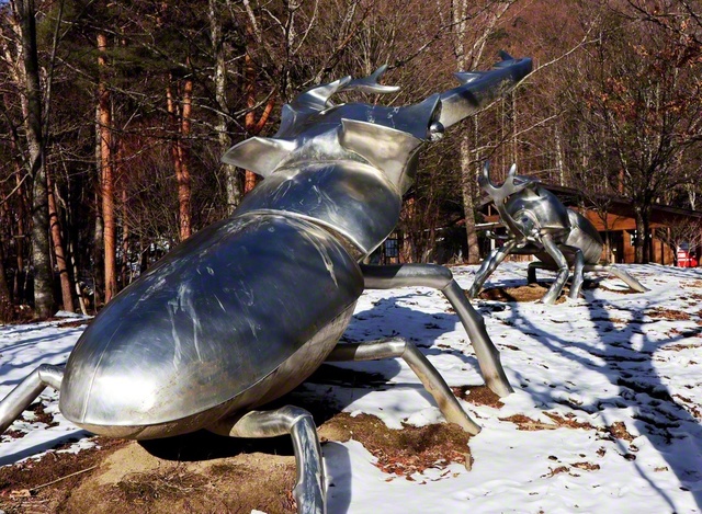 森と水のアウトドア体験広場の一角に相まみえるステンレス像。全長はそれぞれ5メートル以上にも及び、迫力は満点。角の形が違えば得意技もそれぞれのはず。自分にしかない個性こそ最大の強みだ（1月31日撮影）