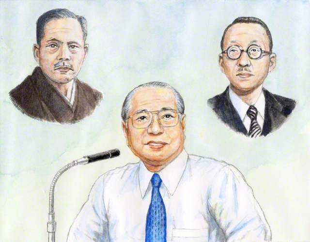 スピーチする山本伸一と、牧口常三郎初代会長、戸田城聖第2代会長のコラージュ（小説『新・人間革命』の挿絵から。内田健一郎画）