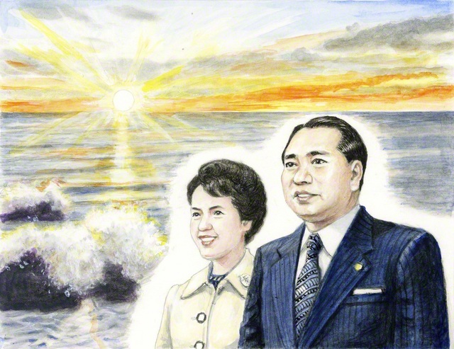 新時代を展望する山本伸一。歌は「荘厳なる旭日をわが胸中に昇らせゆく、希望のファンファーレとなる」（33ページ）と――（内田健一郎画）