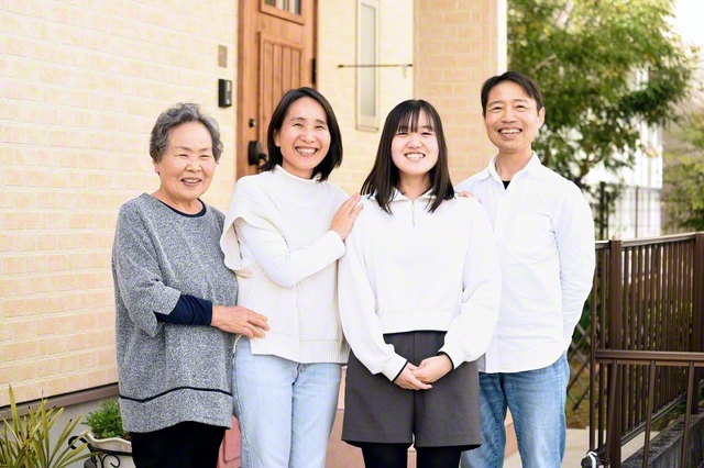 和楽の笑顔が輝く高岡さん一家。右から夫の功さん、長女、高岡さん、母の平山千鶴子さん