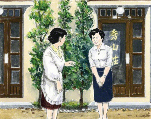 近隣に笑顔であいさつをし、地域に友好を広げる伸一の妻・峯子（小説『新・人間革命』の挿絵から。内田健一郎画）