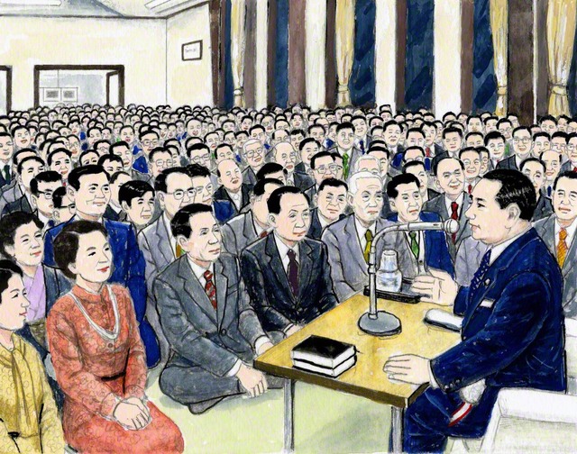 1978年11月、完成して間もない泉州文化会館を訪れた山本伸一。同志が丹精込めて育てた菊が会館を彩った（内田健一郎画）