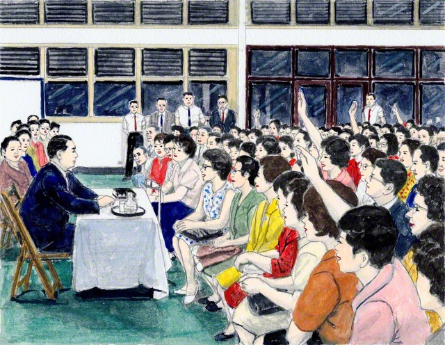 ハワイ大会で、山本伸一を囲んでの質問会（内田健一郎画）