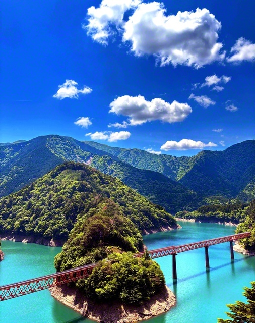 山々に囲まれたダム湖（接岨湖）の真ん中にある奥大井湖上駅。エメラルドグリーンの湖面と青空が織りなす絶景に、思わずシャッターを切った（13日、中野久美子通信員）