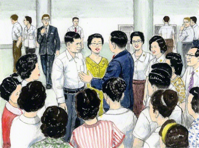 タイ・バンコクの空港で、メンバーを激励する山本伸一（内田健一郎画）