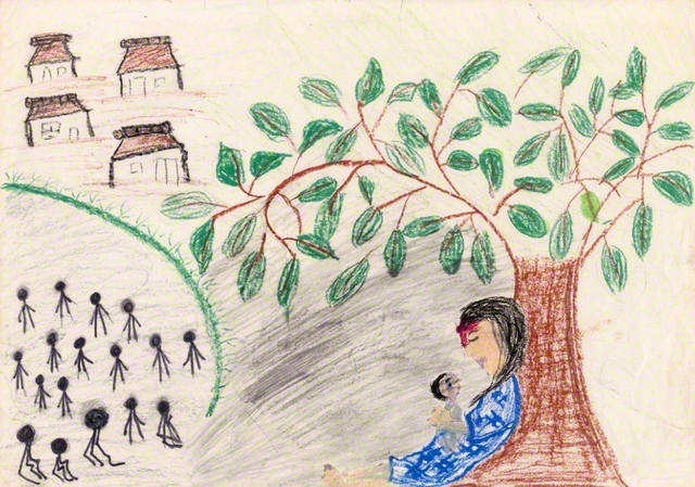 【教材A（小学3年生以上）】糸満の防空壕。赤ん坊が泣いたため、母親は壕を出て、木の下であやしていたが、艦砲射撃による爆弾の破片が母親に刺さり、亡くなった。赤ん坊は泣き続けていたという