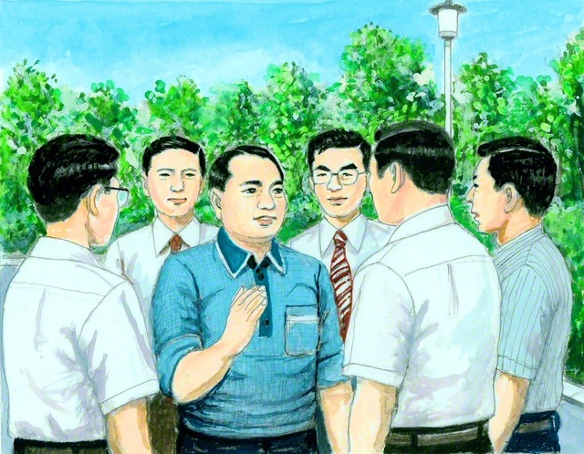 1979年8月、長野研修道場での記念撮影の後、陰で準備・運営に尽力した青年たちを励ます山本伸一（内田健一郎画）