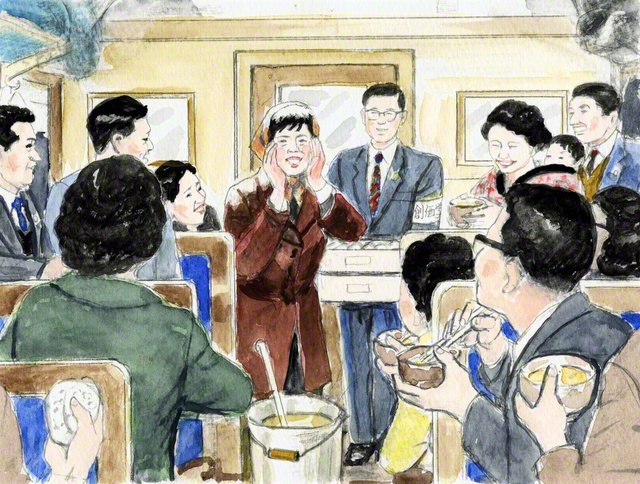 列車内で差し入れのみそ汁とおにぎりを配る長岡支部のメンバー（内田健一郎画）