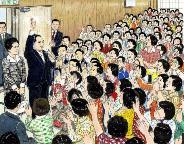 1980年5月3日、関西文化会館での勤行会の直前、山本伸一は非常階段を上り別館の第2会場へ。友は驚き、歓喜を爆発させた（内田健一郎画）