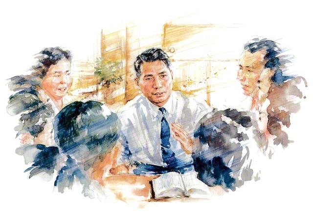 1951年7月15日、東北・仙台を初訪問した池田先生は午後、座談会に臨んだ。結核克服の体験を語り、「日厳尼御前御返事」を講義。8人の新来の友が次々と入会を希望した（絵・間瀬健治）