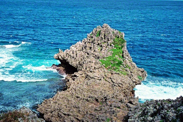 1988年2月、池田先生は恩納村の真栄田岬へ。厳然とそびえる巌（いわお）をカメラに収めた。この訪問の折に発表した長編詩「永遠たれ“平和の要塞”」で先生はつづった。「かけがえのない信仰の日々にあって/徹して　強気であれ/徹して　勇気をもて」