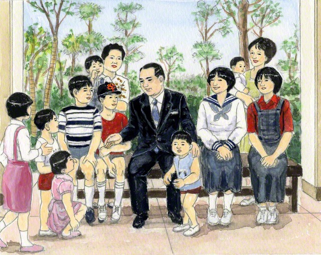 力の限り未来部員を激励する山本伸一（小説『新・人間革命』の挿絵から。内田健一郎画）