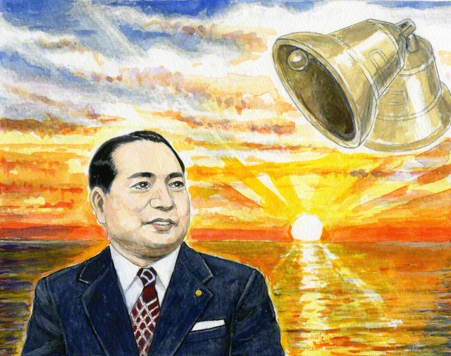 会長辞任から2年。山本伸一は各国への平和旅へ。世界広宣流布の新章節の旭日が昇る（内田健一郎画）