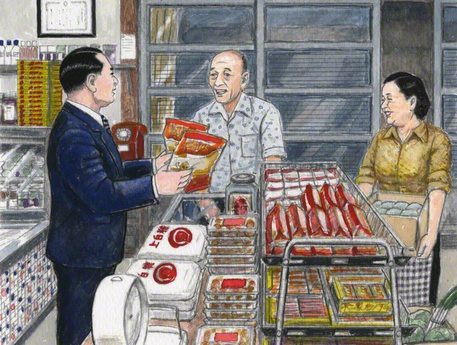 厚田でブロック長・担当員を務める元藤徹・トミ夫妻が営む商店を訪問し、激励する山本伸一（小説『新・人間革命』の挿絵から。内田健一郎画）