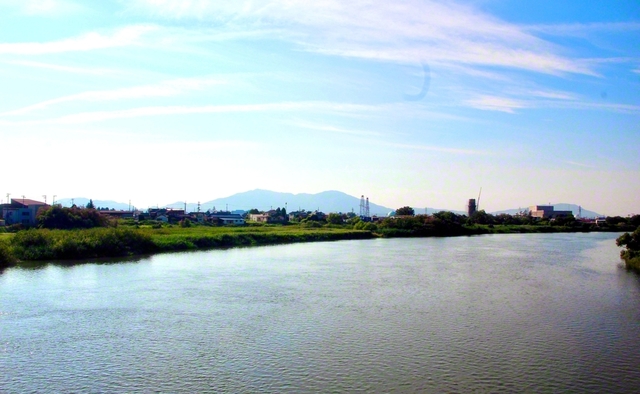 目の前に広がる中ノ口川と奥には市のシンボル「水道の塔」