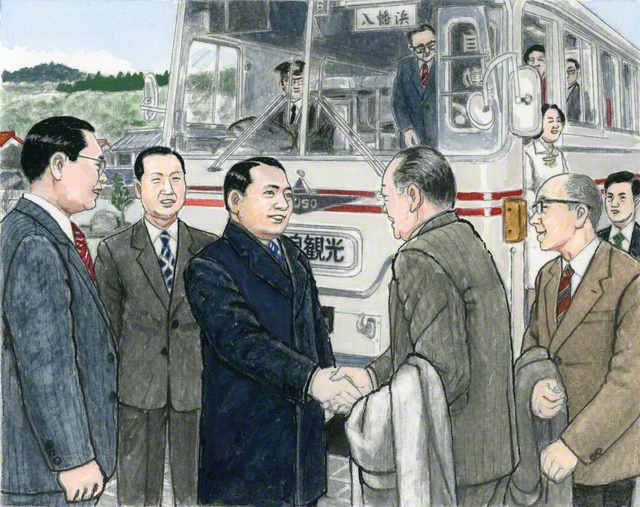 愛媛文化会館での記念勤行会の参加者を玄関前で出迎える山本伸一（小説『新・人間革命』の挿絵から。内田健一郎画）