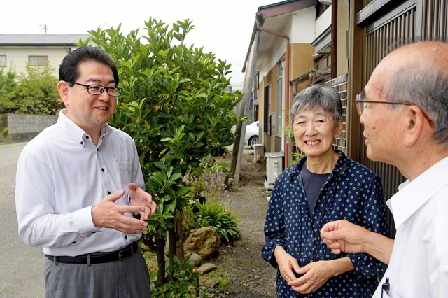 山根総福島長㊧が功労の同志を訪ね、広布への情熱を語り合う