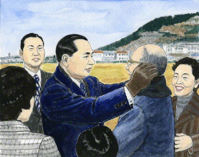 高松講堂建設予定地で高齢の男性を励ます山本伸一（小説『新・人間革命』の挿絵から。内田健一郎画）