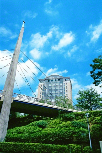 創価大学本部棟が空に映えています。創価教育の城をつくるという“夢のバトン”は、牧口先生から戸田先生、そして池田先生へと受け継がれてきました。本部棟の完成は1999年5月。その2カ月後に東京・八王子市のキャンパスを訪れた池田先生が「新世紀橋」を仰ぎつつ撮影した一枚です