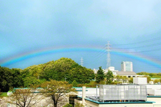 八王子市の東京牧口記念会館から池田先生がカメラを向けた先に、大きな虹がかかっていました。手前には東京富士美術館、奥には創価大学の本部棟も見えます。「広宣流布」という「平和・文化・教育の光」を世界へ未来へ広げゆくことを心に誓いつつ、先生はシャッターを切りました(2009年10月)