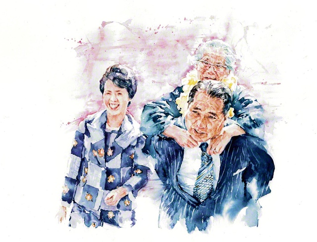 お母さんを背負う池田先生。この時、先生は、花が好きなお母さんのために、レイと桜の小枝をプレゼントしました。受け取ったお母さんは、「ありがとう、ありがとう」と、ほほ笑みながら何度も言いました