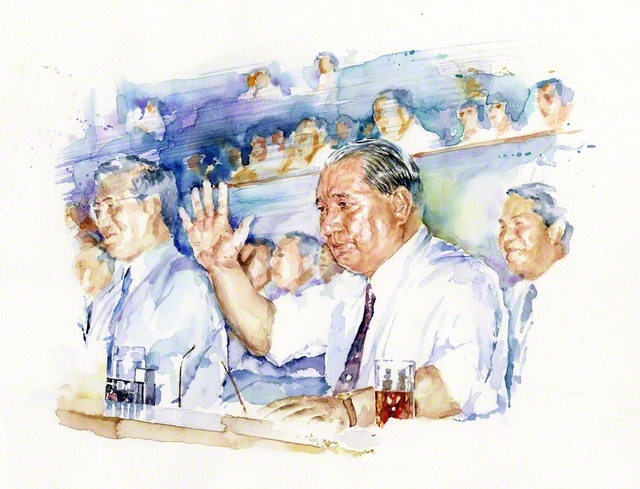 “未来部は大いに学び、青年は懸命に働こう！　そして世界第一の家庭を築きあげていただきたい”――「第1回栃木青年平和文化祭」で参加者にエールを送る池田先生（絵・間瀬健治）
　