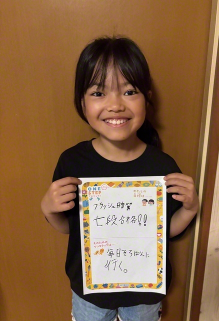 東京・4年　伊藤久美子さん　「年長から続けているそろばん教室。フラッシュ暗算ギネス記録世界一の先生に教わっています。
夏休みには、教室が開いている日は15時から19時30分まで欠かさずそろばんに通い、フラッシュ暗算六段まで合格することができました。この夏の練習を欠かさず通った一人として通信に掲載してくださり、先生からも『楽しく取り組める練習もあれば、根気強く乗りこえなければならない練習もあります。それでも毎回前向きに取り組み、努力を継続する姿勢は本当に立派でした。そのがんばりはみんなのお手本となるすばらしいものです！』とたたえていただきました。わたしの夢は、そろばんの先生になることです。夢にむかってがんばります」