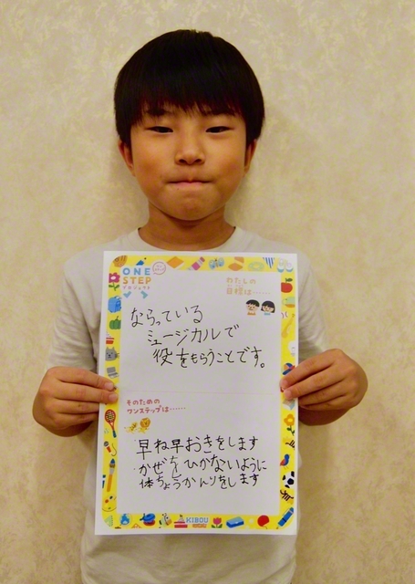 埼玉・2年　山岸大桜さん　「小学1年生からミュージカルを習い始めました。すでに大きな舞台を3回経験し、観劇に来てくれた友人やお客さまが感動してくれることに自信が持てました！　しかし、まだまだセリフや歌のソロパートはないため、配役をいただけるよう体調管理をし稽古をがんばります！」