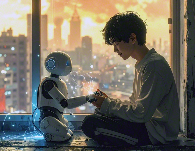 この画像は、聖教新聞社の創刊150周年である「2101年の聖教新聞」をイメージして執筆した小説の一幕を、生成AIで作成したものです（※Adobe　Fireflyで生成）。なぜ彼はロボットの手を握っているのか？　詳細は本文をご覧ください