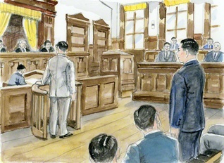 大詰めを迎えた「大阪事件」の公判で、山本伸一は自ら検事たちの虚偽と謀略を暴いていった（内田健一郎画）