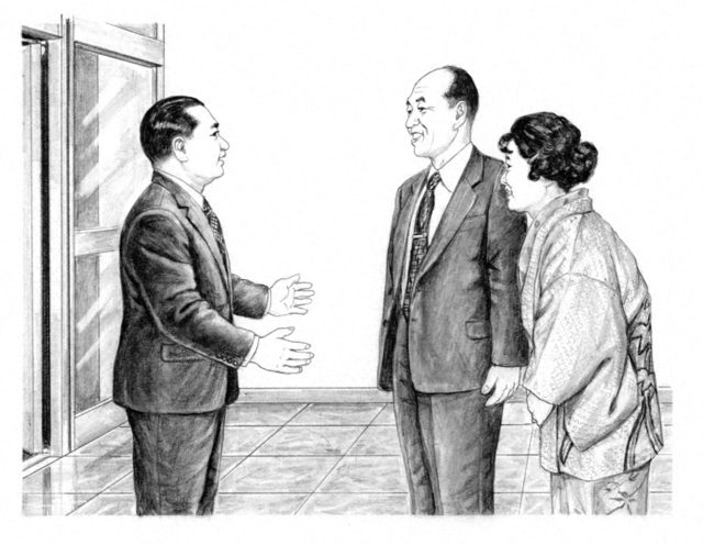 栃木県体育館（当時）で尋常小学校時代の恩師・檜山浩平夫妻とあいさつする山本伸一（内田健一郎画）