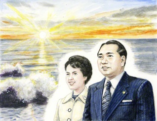 新時代を展望する山本伸一。歌は「荘厳なる旭日をわが胸中に昇らせゆく、希望のファンファーレとなる」（33ページ）と――（内田健一郎画）