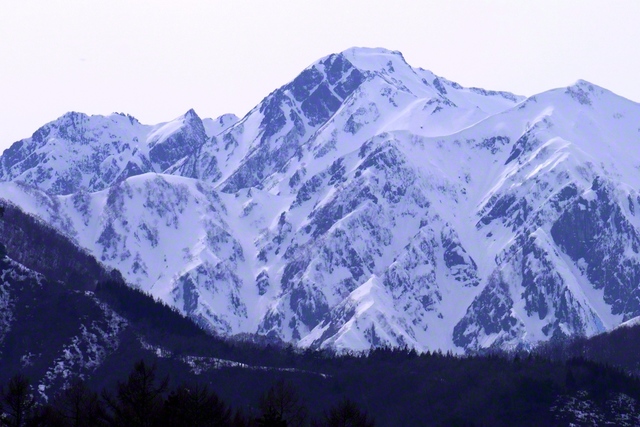 武田菱が浮かぶ五竜岳（3月22日、白馬村、森田昭治通信員）